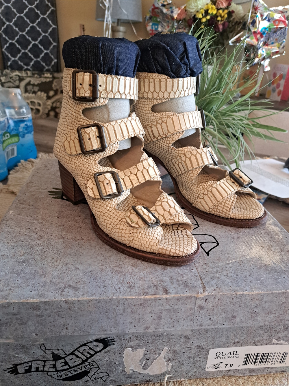 Freebird by Steven Beige Snake-Embossed Multi-Buckle Heels